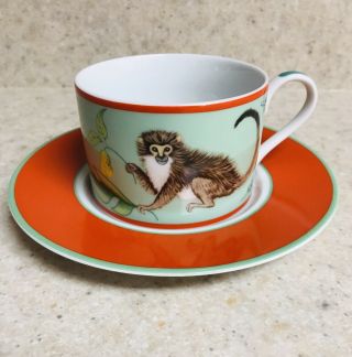 Lynn Chase Monkey Business Cup And Saucer 1995 Toucan,  Lemon