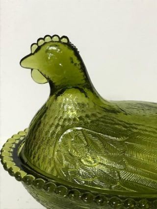 Vintage 7” Green Glass Hen on Nest Indiana Glass w Beaded Edge,  Exc.  Cond. 2