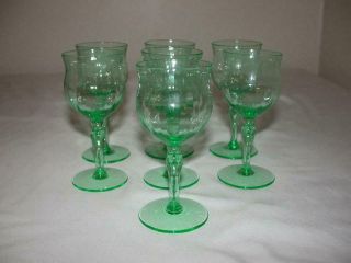 Set Of 7 Green Depression Glass Cordial Stemmed Cocktail Ribbed Glasses