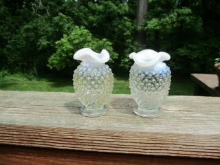2 Vintage Fenton Pale Opalescent Hobnail Small Bud Vases Triangle Crimp Top