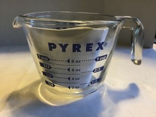 Pyrex Blue Lettering Glass Measuring Cup 1 Cup 8 Oz Open Handle
