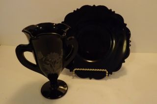 2 Pc Of Le Smith Mt Pleasant Black Amethyst Depression Glass Plate & Trophy Vase