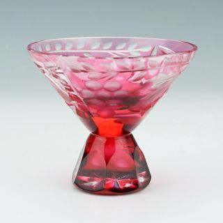 Antique Bohemian Cranberry Overlay Glass Footed Bowl - Grape & Vine Decorated 2