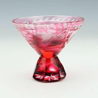 Antique Bohemian Cranberry Overlay Glass Footed Bowl - Grape & Vine Decorated 3