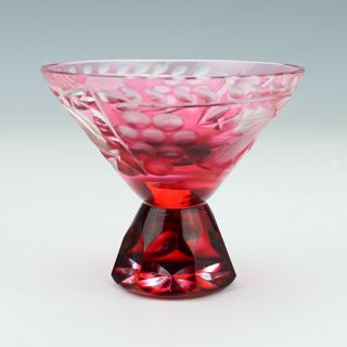 Antique Bohemian Cranberry Overlay Glass Footed Bowl - Grape & Vine Decorated 4