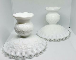 Vintage Fenton Silver Crested White Milk Glass Candle Holder Set Featuring Clear