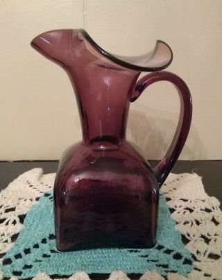 Vintage Blenko Amethyst Purple Art Glass Pitcher Handmade With Applied Handle