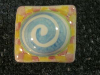 Mackenzie Childs Knob/drawer Pulls Square Yellow/mauve Base With Blue Swirl Top