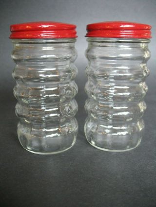 Vtg Fire King Anchor Hocking Salt And Pepper Shakers Clear Ribbed Painted Lids