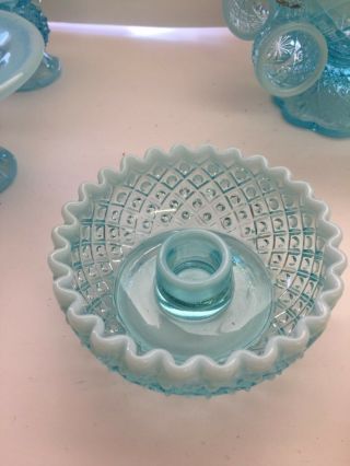 Vintage Fenton Blue Opalescent Hobnail Candle Holder Bowl Ruffle