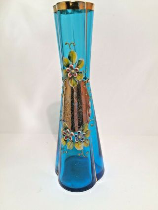 Vintage Murano Blue Glass Vase With Gold Gilding Hand Decorated