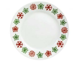 Corelle Cheerful Flurry 8 1/2 " Lunch Plate Wide Rim Holiday Snowflake Red Green
