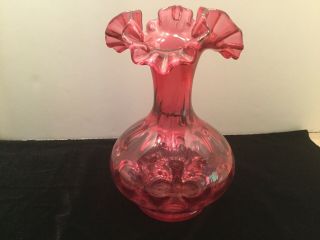 Vintage Fenton Cranberry Coin Dot Glass Vase Ruffled Top 8 1/4” Tall