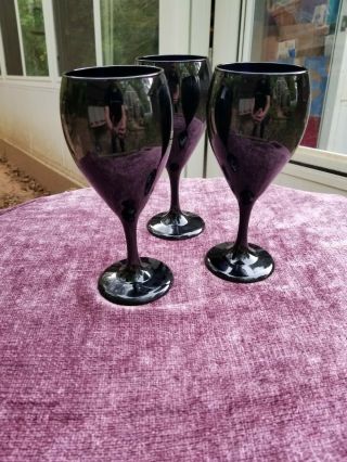 Vintage Libbey Black Amethyst Glass Wine Water Glass Goblet Set Of Three