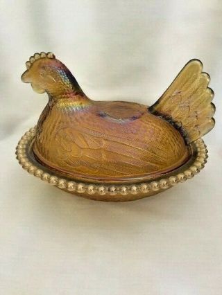 Vintage Carnival Glass Rooster/hen On Nest Covered Candy Dish Approx 7 " X 5 " X 5 "