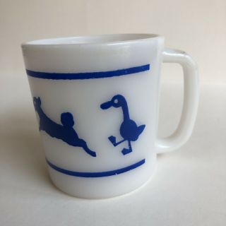 Vintage Hazel Atlas Milk Glass Childs Cup Mug Blue Barnyard Animals Graphic