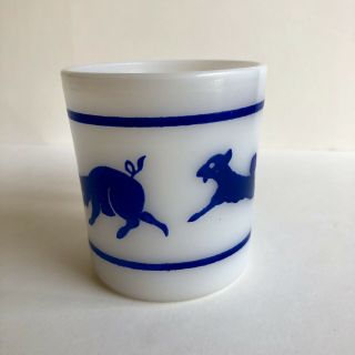 Vintage Hazel Atlas Milk Glass Childs Cup Mug Blue Barnyard Animals Graphic 5