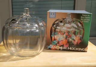 Vintage Anchor Hocking Glass Pumpkin Jar & Lid 70 Oz Cookie Candy Jar