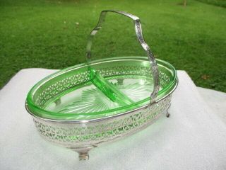 Green Depression Glass Oval 2 Part Pickle Candy Dish In Chrome Caddy 8.  5 "
