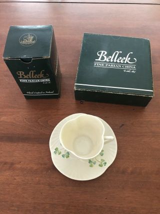 Belleek Porcelain Shamrock Harp Handle Tea Cup & Saucer Set - With Boxes