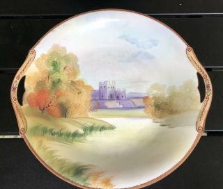 Antique Nippon Hand Painted Trees River Castle Moriage Handled Dish Japan