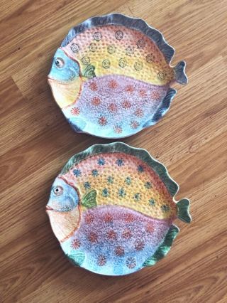 2 Italica Ars Italian Art Pottery Hand Painted Fish Plates 10 Inches