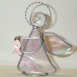 Breast Cancer Awareness Support Ribbon Pink Leaded Stained Glass Angel Handmade