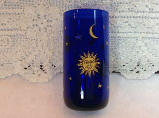 Libbey Celestial Sun Moon Stars Tall Cobalt Blue Glass