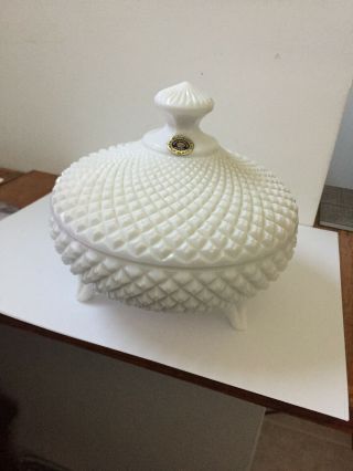 Vintage Westmoreland English Milk Glass Covered Candy Dish Bowl,  Hobnail Pattern