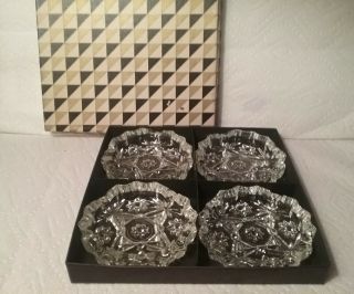 Set Of 4 By Anchor Hocking 4 " Pressed Glass Clear Crystal Ashtrays Box