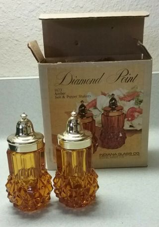 Indiana Glass Amber Diamond Point Salt And Pepper Shakers With Box