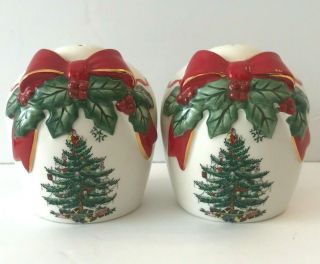 Spode Christmas Tree Salt And Pepper Shakers Red Ribbon Green Trim Collectible