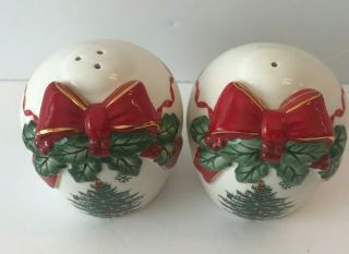 Spode Christmas Tree Salt and Pepper Shakers Red Ribbon Green Trim Collectible 2