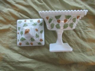 Westmoreland Beaded Milk Glass Covered Footed Painted Candy Dish