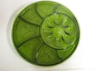 Vintage Indiana Glass Pebble Leaf Green Relish & Deviled Egg Tray Platter