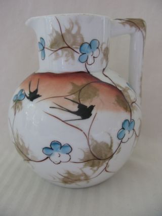 Hand Painted Antique Es Prussia China Milk Pitcher Birds & Flowers In Sunset