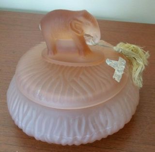 Vintage Greensburg Frosted Pink Satin Vanity Dish - Elephant Finial On Lid -