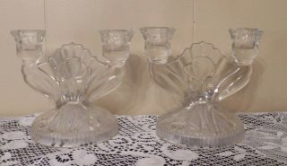Vintage Pair Depression Glass Iris And Herringbone Candle Holders Candlesticks