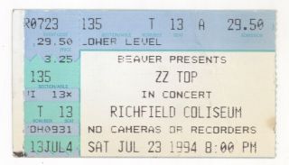 Rare Zz Top 7/23/94 Richfield Oh Coliseum Concert Ticket Stub Cleveland Z.  Z.