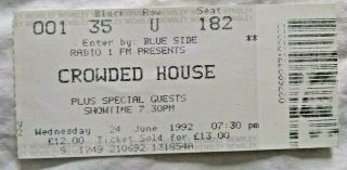 Vintage Crowded House 1992 Wembley Stadium Ticket Stub