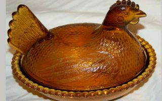 Vintage Indiana Glass Company Hen On A Nest 1829 Gold Amber Candy Dish With Lid