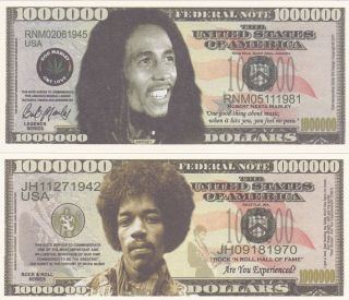 One Each Bob Marley & Jimi Hendrix Total Of Two Million Dollar Novelty Bills