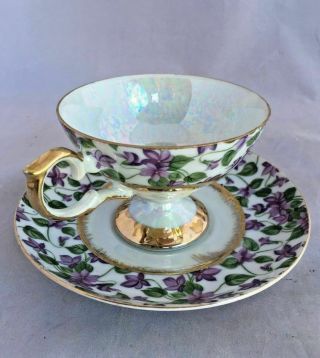 Lefton Bone China Tea Cup And Saucer Purple Flowers