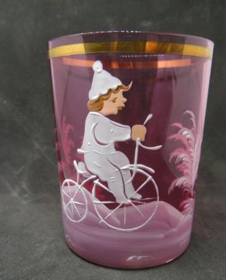 Mary Gregory Cranberry Tumbler H/p Girl Boy Bicycle Gold Band