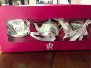Royal Albert Polka Blue 3pc Christmas Ornament Set,  Teapot & 2 Teacups 5
