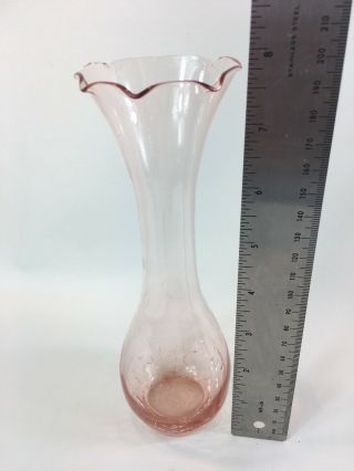 Vintage Crackle Glass Bud Vase Pink Ruffle Top 8 Inches 2