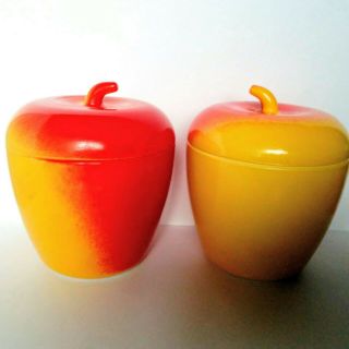 (2) Vintage Hazel Atlas Milk Glass Painted With Lid Apples Jam Jelly Jars