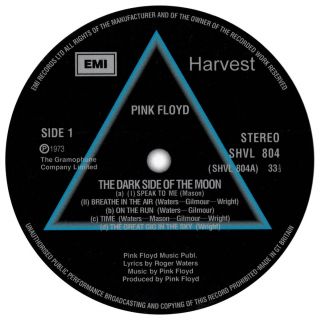 Pink Floyd; Dark Side Of The Moon.  Record Label Vinyl Stickers.
