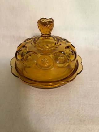 Vintage L E Smith Amber Moon & Stars 7.  5 " Diam Round Covered Butter/cheese Dish