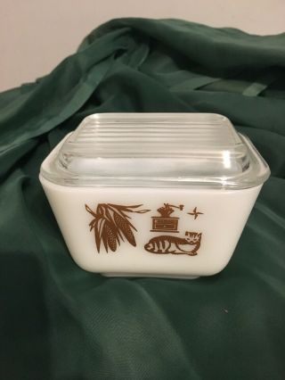Vintage Pyrex Refrigerator Covered Glass Dish And Lid W/cat - Corn - Coffee